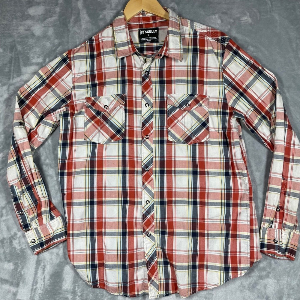 Skully Brand Mens Plaid Long Sleeve Button Down Shirt Red Blue White Size L